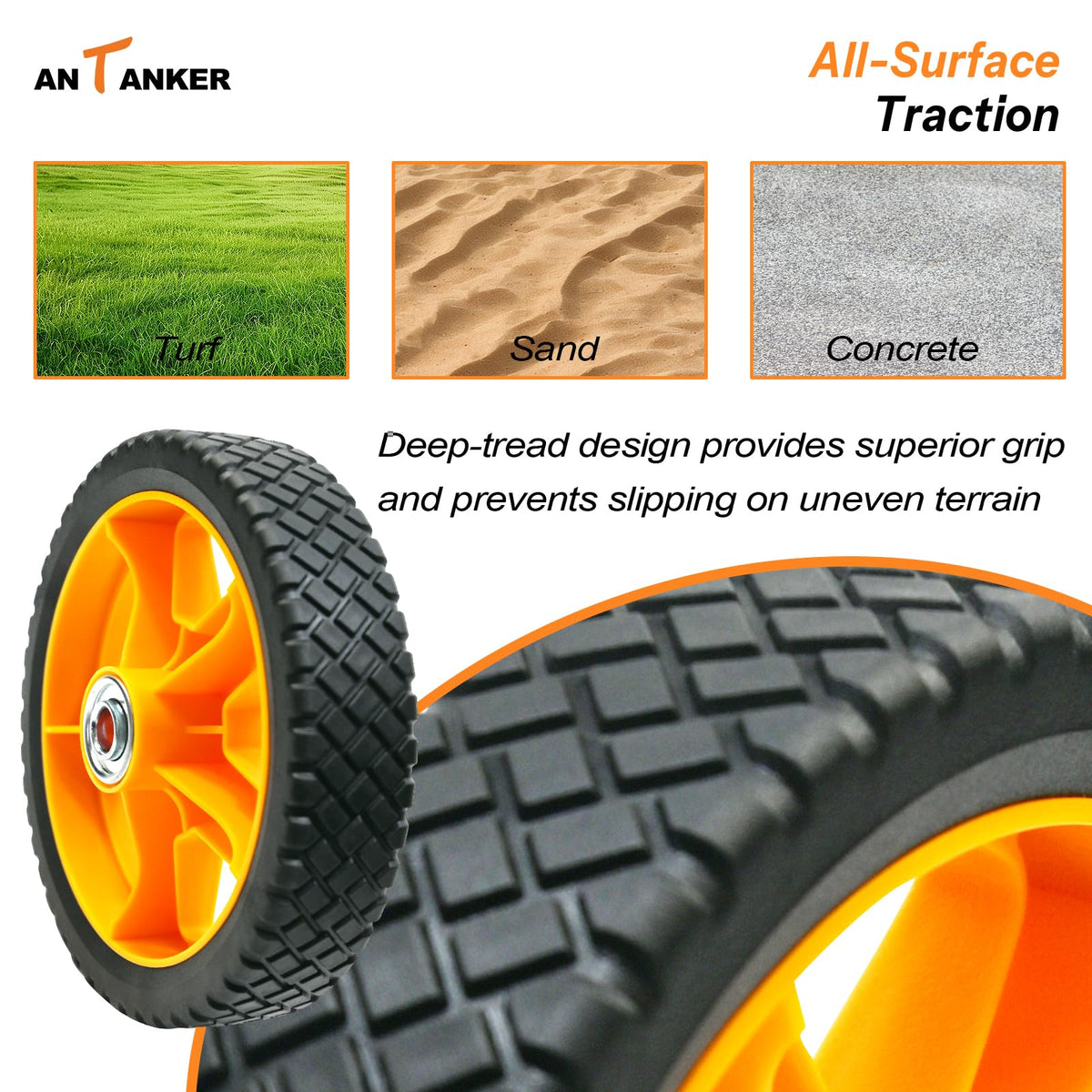 Antanker wheels fit Craftsman and Troy-Bilt mowers for versatile replacement.