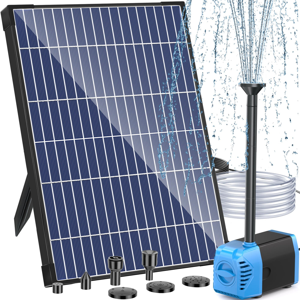 Antfraer 12W solar panel powers a pond fountain in bright sun.