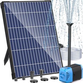 Antfraer 12W solar panel powers a pond fountain in bright sun.