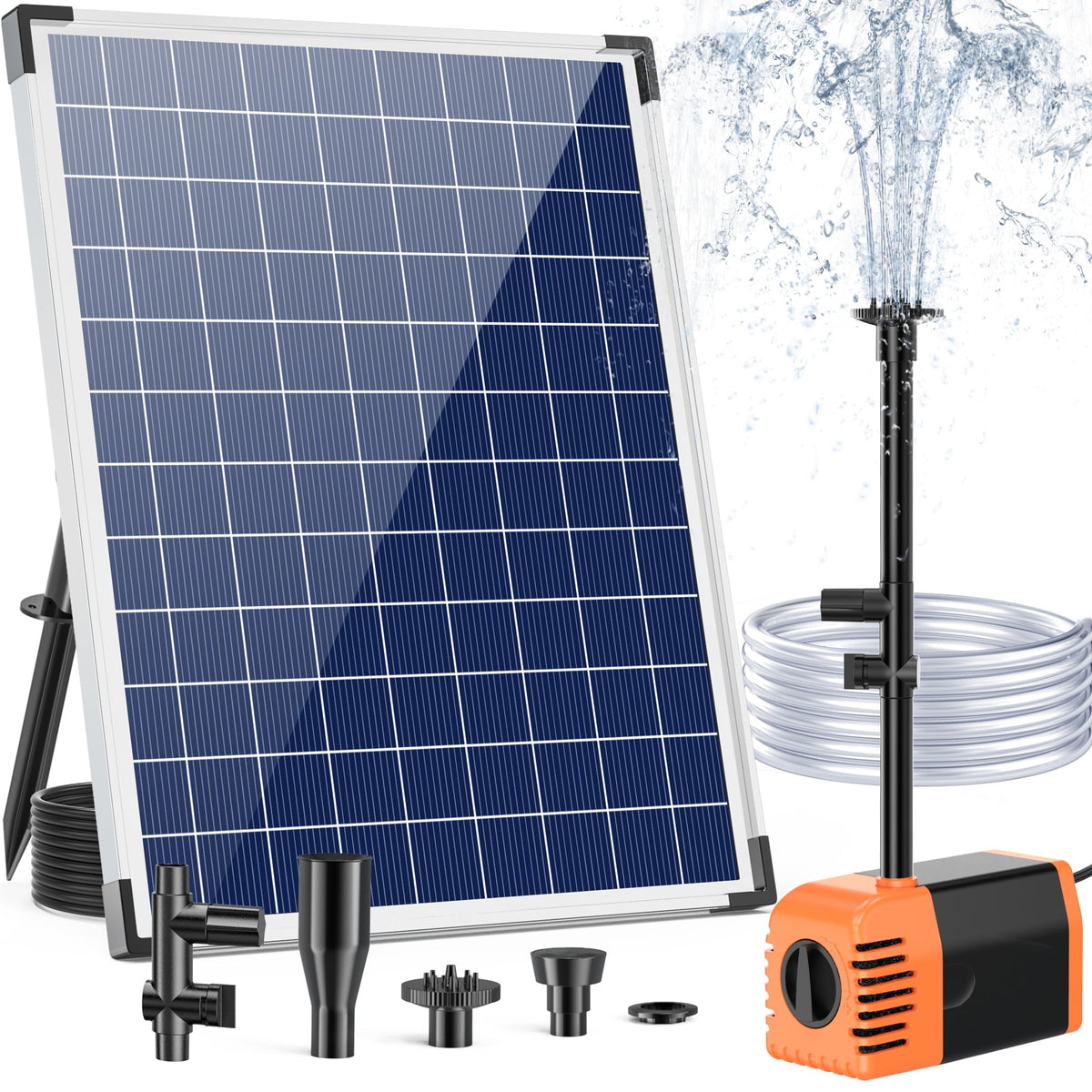 Antfraer 25W solar panel setup powers a pond fountain efficiently.