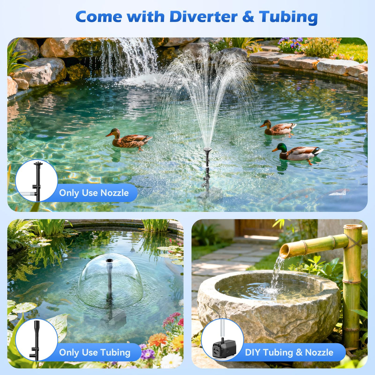 Antfraer adjustable flow nozzles enabling-custom fountain heights