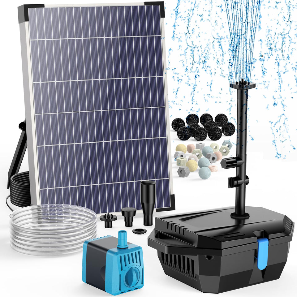 Antfraer solar panel powers efficient pond filtration and fountain in bright sun