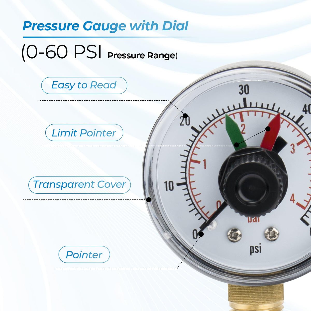 ANTOBLE pressure-scale 0-60 psi for versatile pool monitoring.