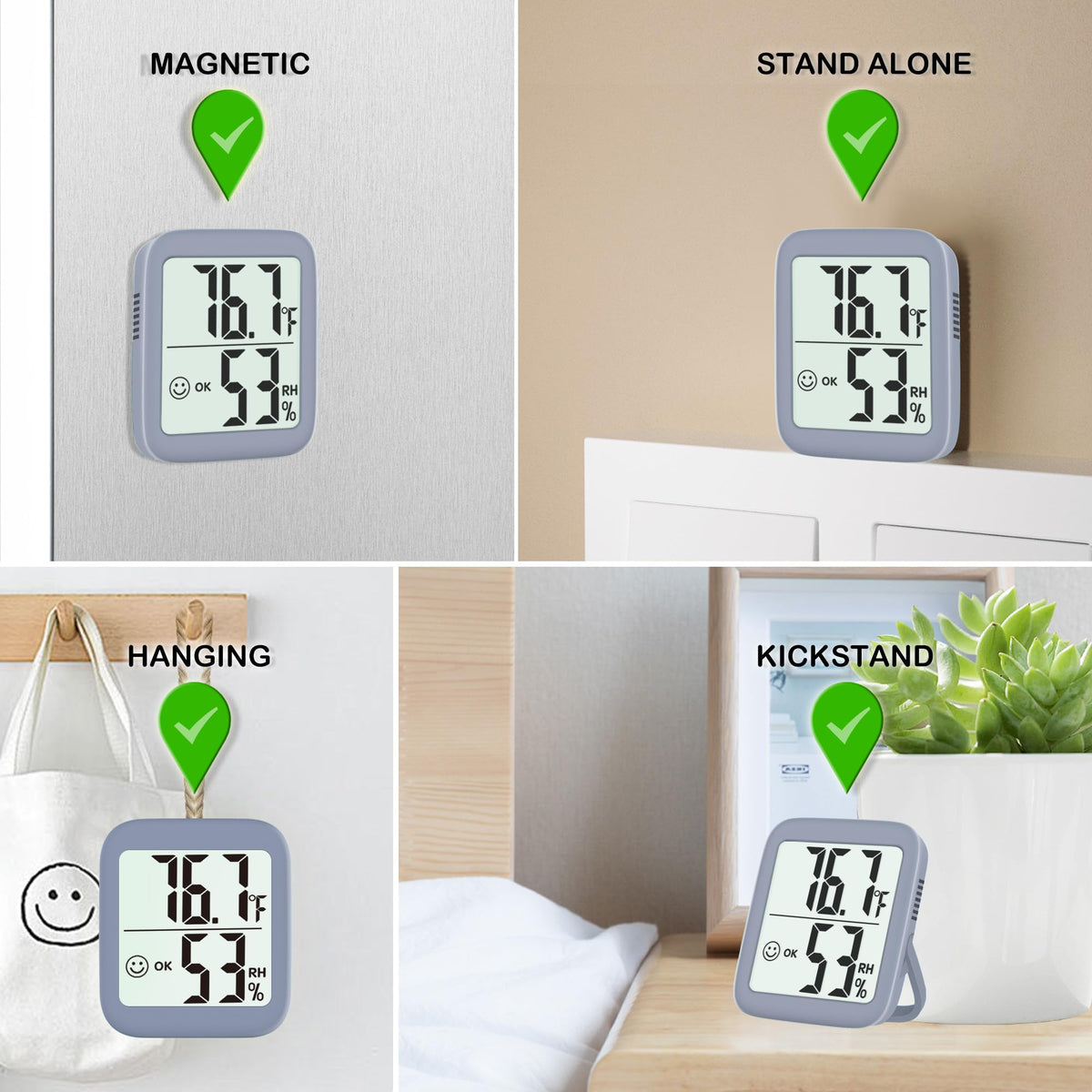 Antonki magnets and kickstand enable flexible placement on shelves or walls