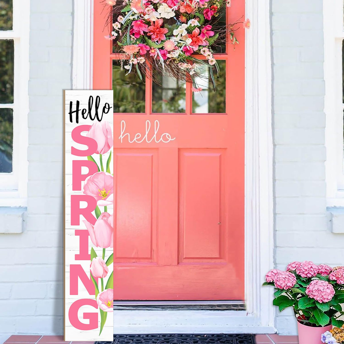 ANTPFAE Hello Spring porch sign displayed at sunny doorway welcoming guests