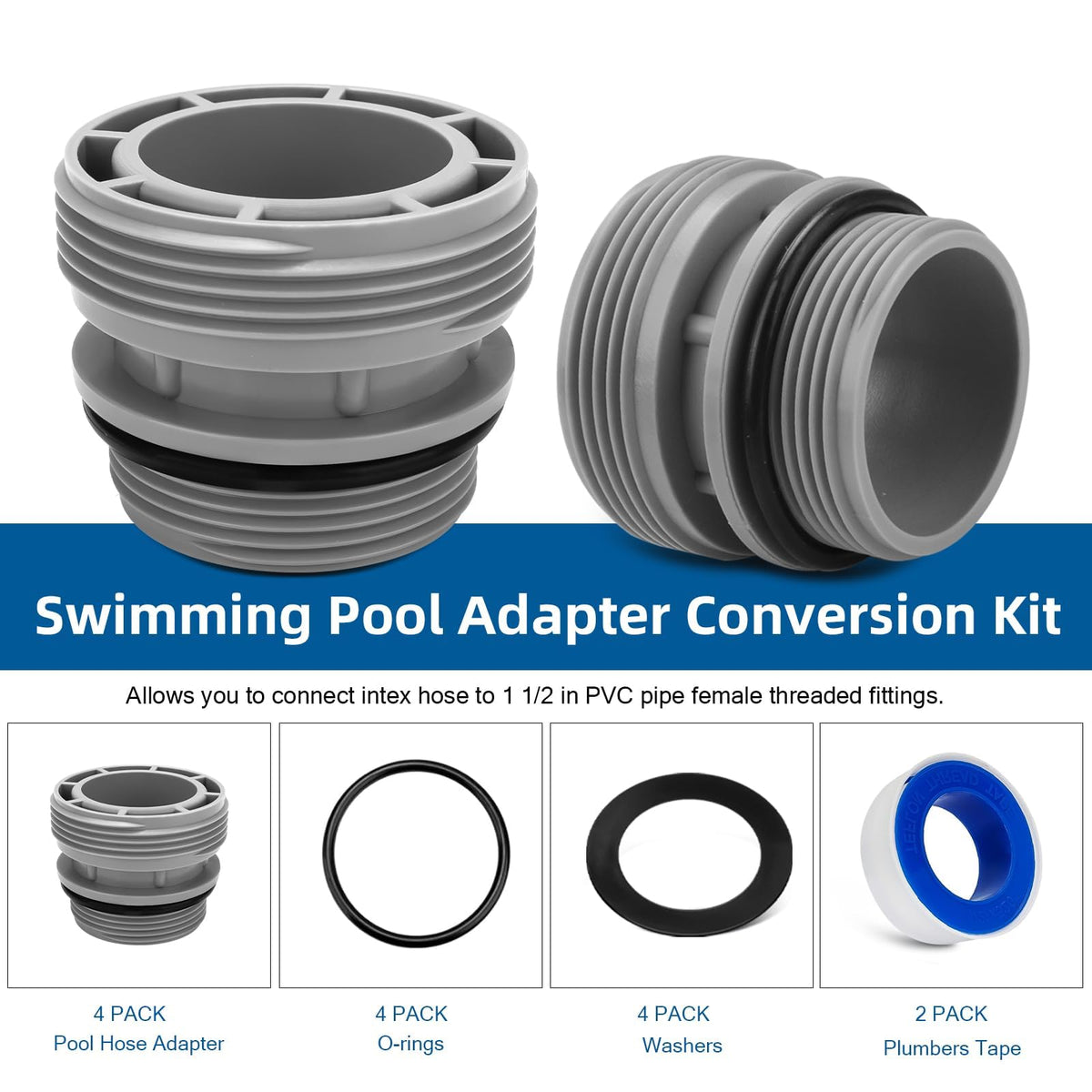 Four-pack adapters with O-rings, gaskets, and teflon tape for leak-free assembly