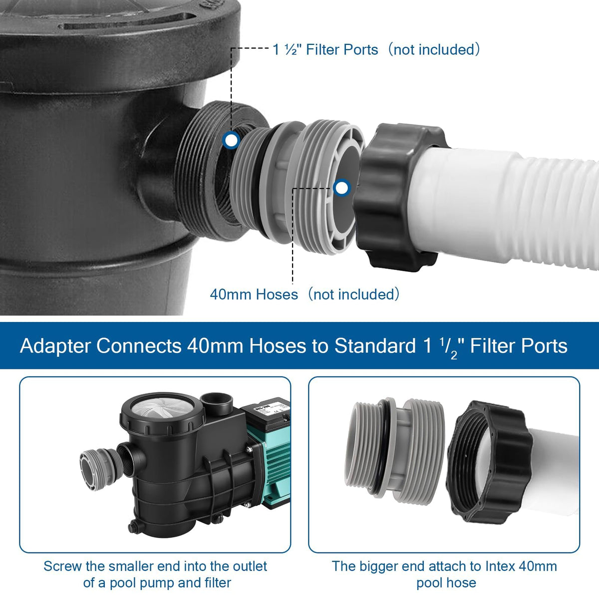 Hayward-compatible pool hose adapter connects 40 mm hoses to 1-1/2 in ports