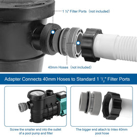 Hayward-compatible pool hose adapter connects 40 mm hoses to 1-1/2 in ports