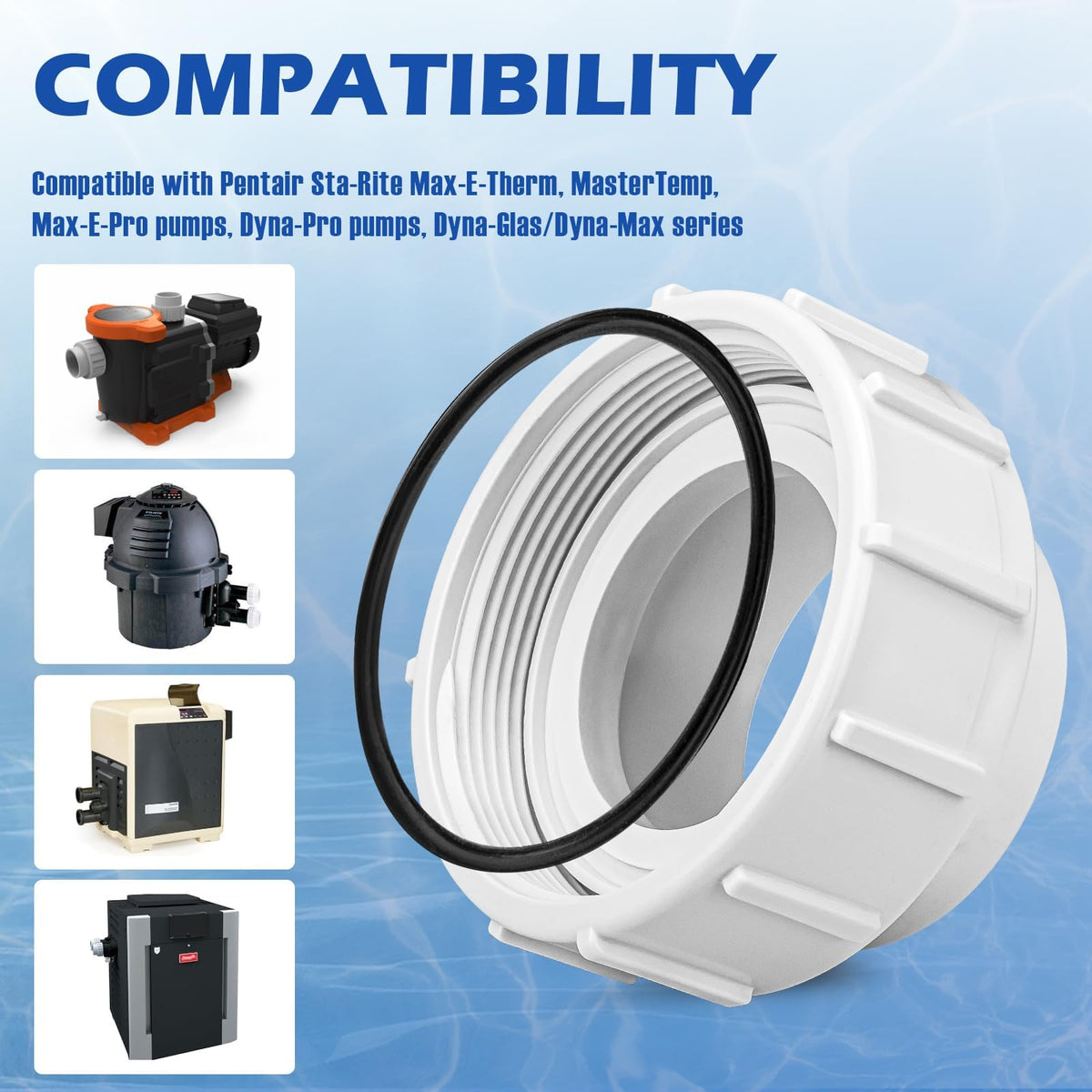Antrys Pentair Sta-Rite compatible union ensures easy heater and salt cell replacements.