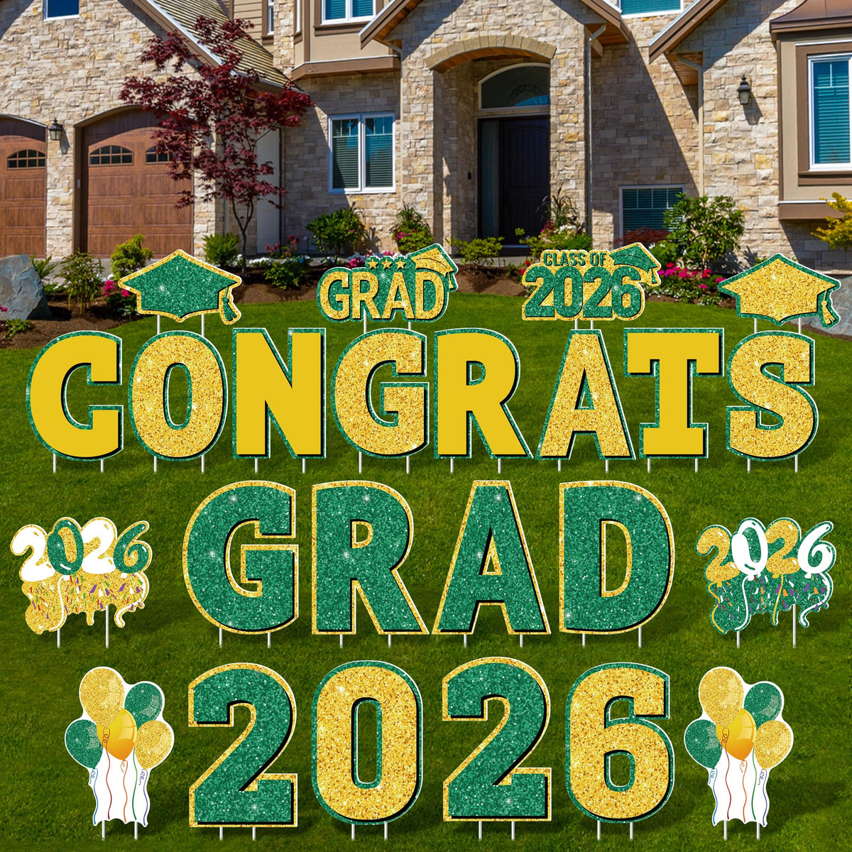 ANVAVO graduation signs arranged for a festive grad party setup.
