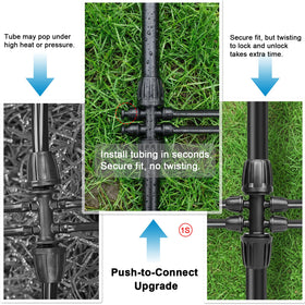 Anwenk half-to-quarter drip fitting in action distributing water evenly across four lines.