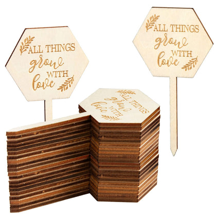 AnyDesign succulent labels in wood with All Things Grow with Love engraving for elegant garden labeling