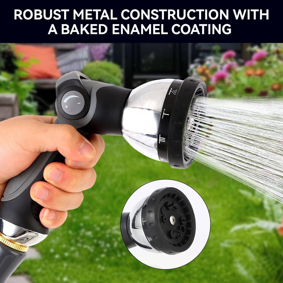 AnyEasy metal hose nozzle showing 10 spray modes for versatile watering.