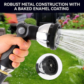 AnyEasy metal hose nozzle showing 10 spray modes for versatile watering.