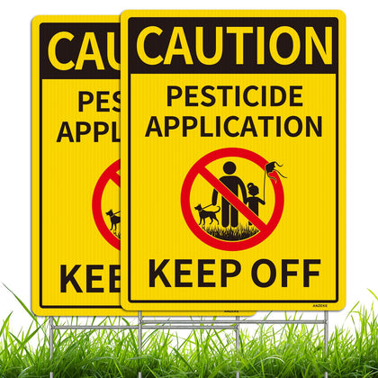 ANZEKE caution pesticide sign with metal stake; dual-sided for clear yard visibility outdoor use.