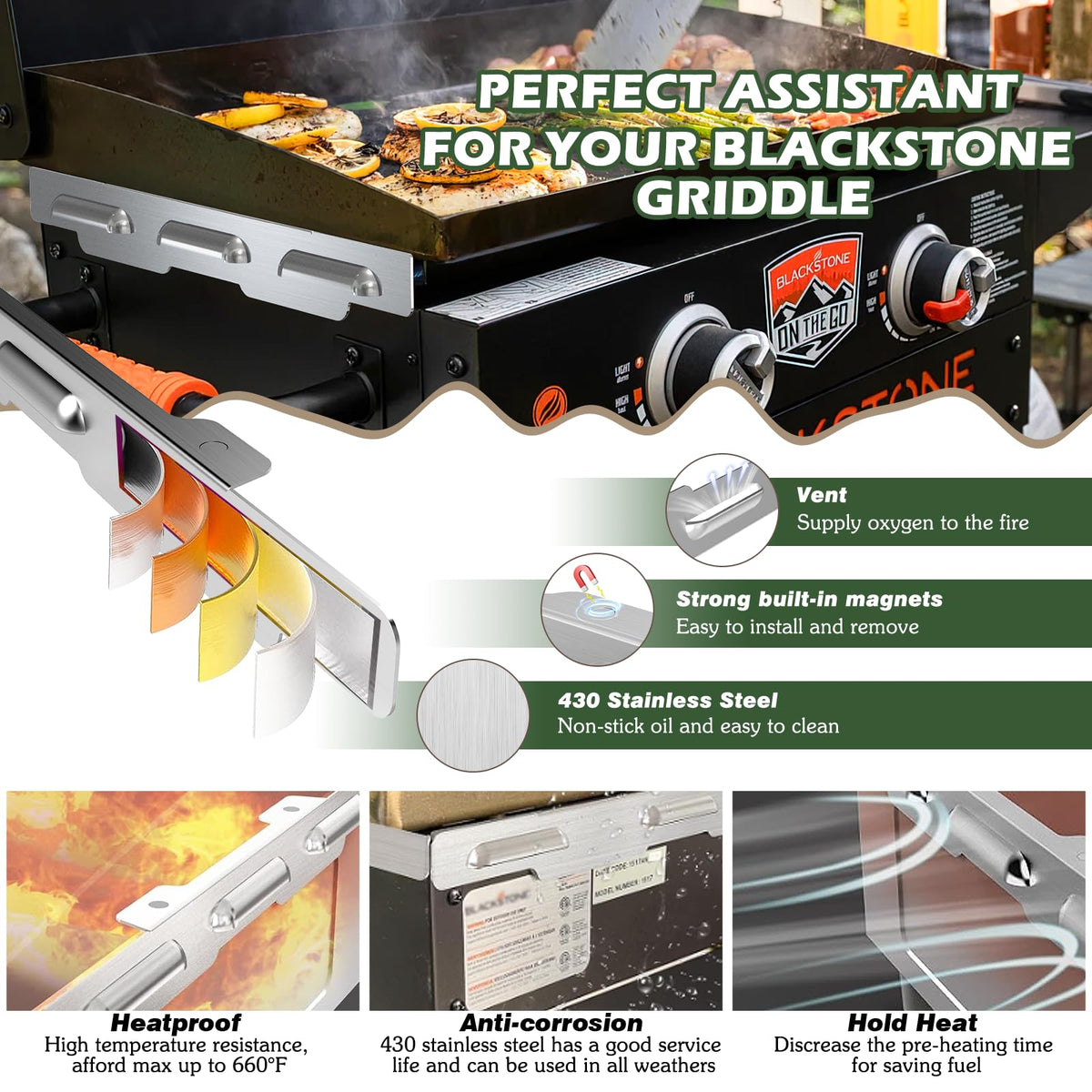 Aoanoko Blackstone 22 wind guard side view enhancing heat retention and even cooking