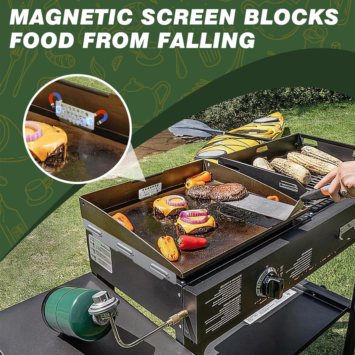 Aoanoko wind guard magnet install demonstrates quick setup along grill edge