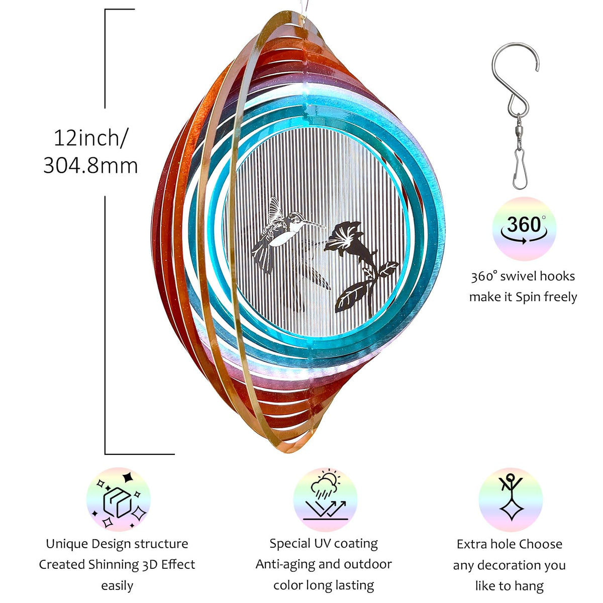 Aoedelyart 3D hummingbird wind spinner mounting hook enables easy outdoor display.