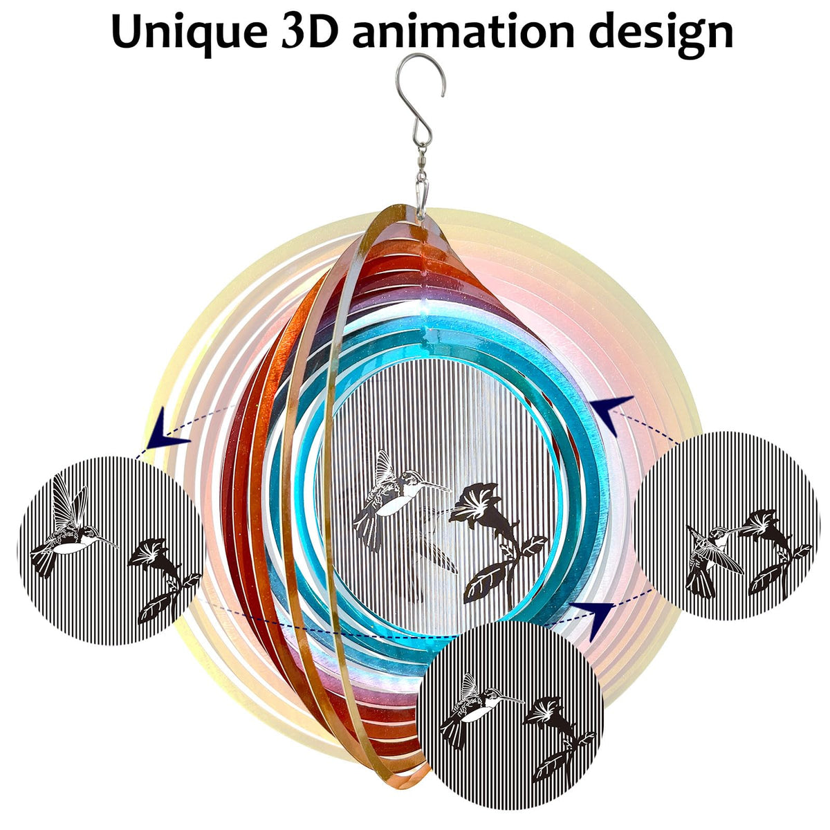 Aoedelyart 3D hummingbird wind spinner top view enhances garden ambiance with 360-degree rotation.