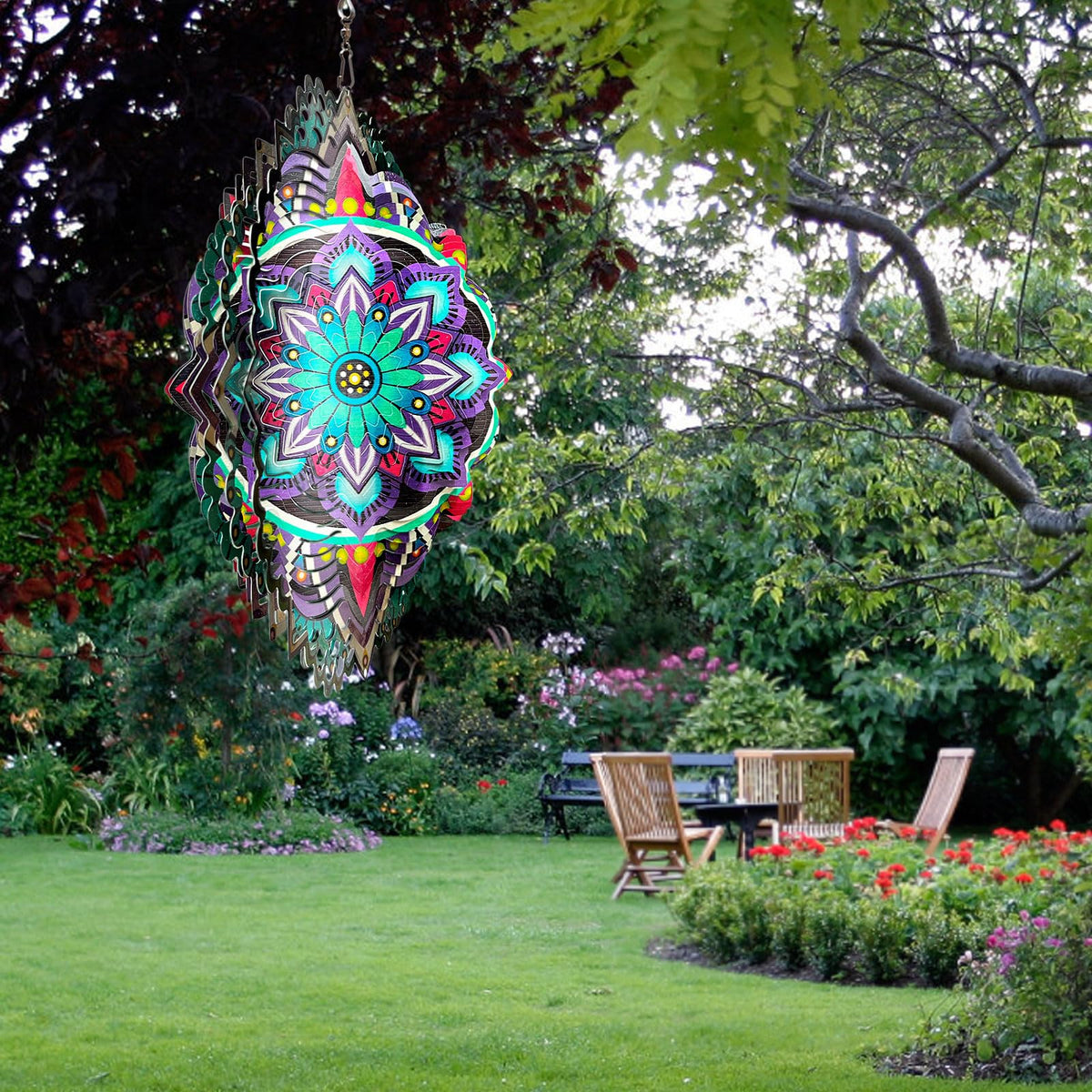 Aoedelyart mandala purple star wind spinner shines with 3D sparkle in sun.