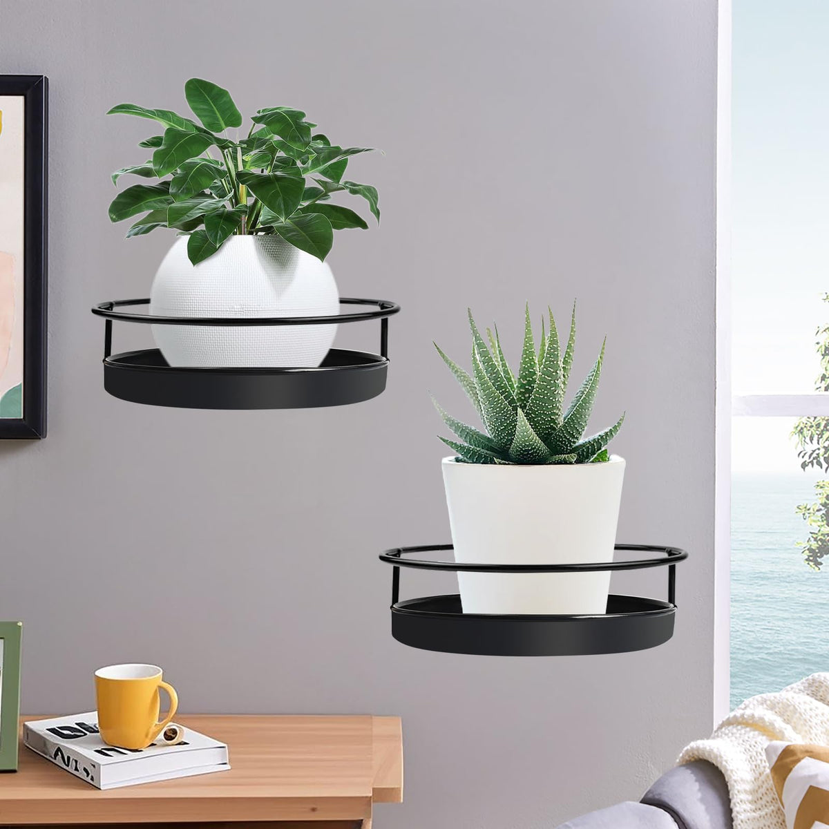Indoor living room setup with two plant holders adding vertical interest.