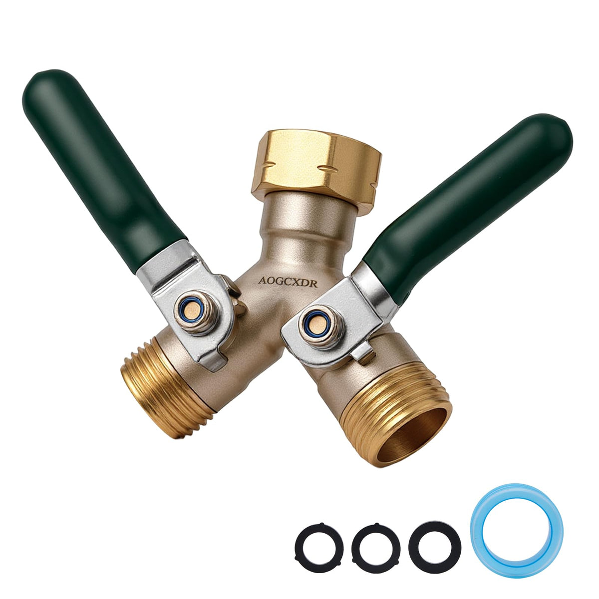 AOGCXDR brass garden hose splitter front view showcases durable, corrosion-resistant construction.