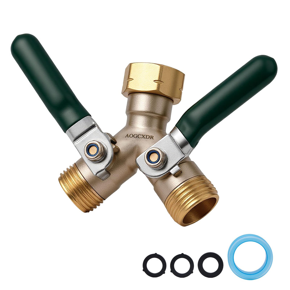 AOGCXDR brass garden hose splitter front view showcases durable, corrosion-resistant construction.