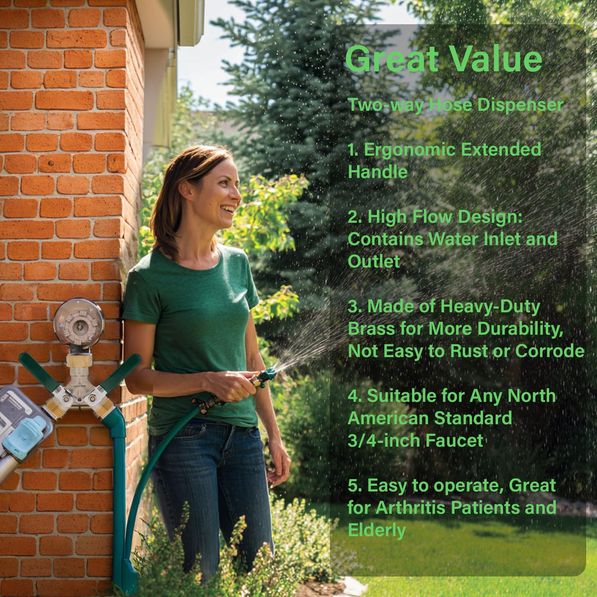 AOGCXDR faucet-diverter installed on a standard outdoor faucet for versatile watering.