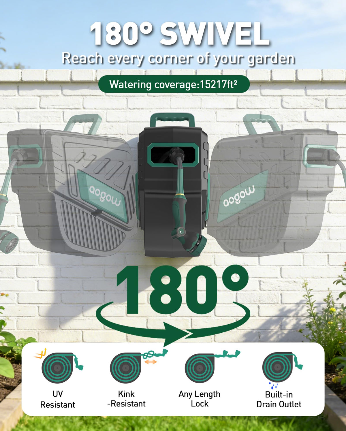 AOGOW 100 ft reel dispenses hose smoothly for effortless gardening and cleanup.