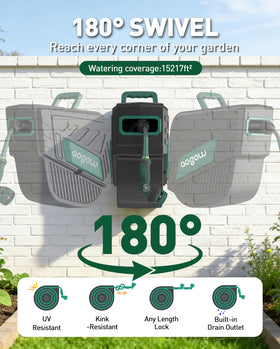AOGOW 100 ft reel dispenses hose smoothly for effortless gardening and cleanup.