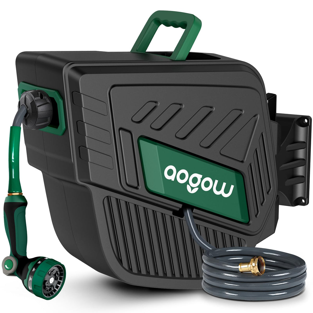 AOGOW retractable hose reel wall mount assembly enables easy reach for gardening tasks.