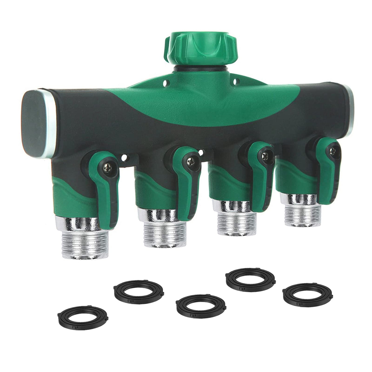 AOHSHKV four-way garden hose splitter front view showing durable metal construction for multi-outlet watering
