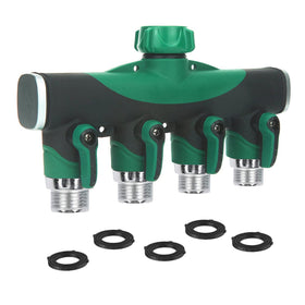 AOHSHKV four-way garden hose splitter front view showing durable metal construction for multi-outlet watering