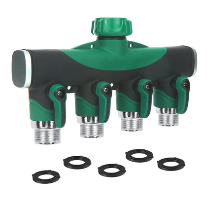 AOHSHKV four-way garden hose splitter front view showing durable metal construction for multi-outlet watering