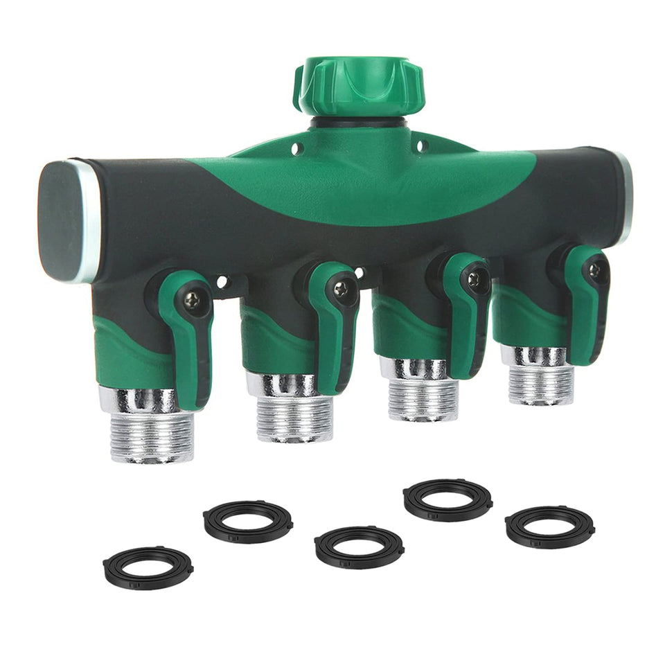 AOHSHKV four-way garden hose splitter front view showing durable metal construction for multi-outlet watering
