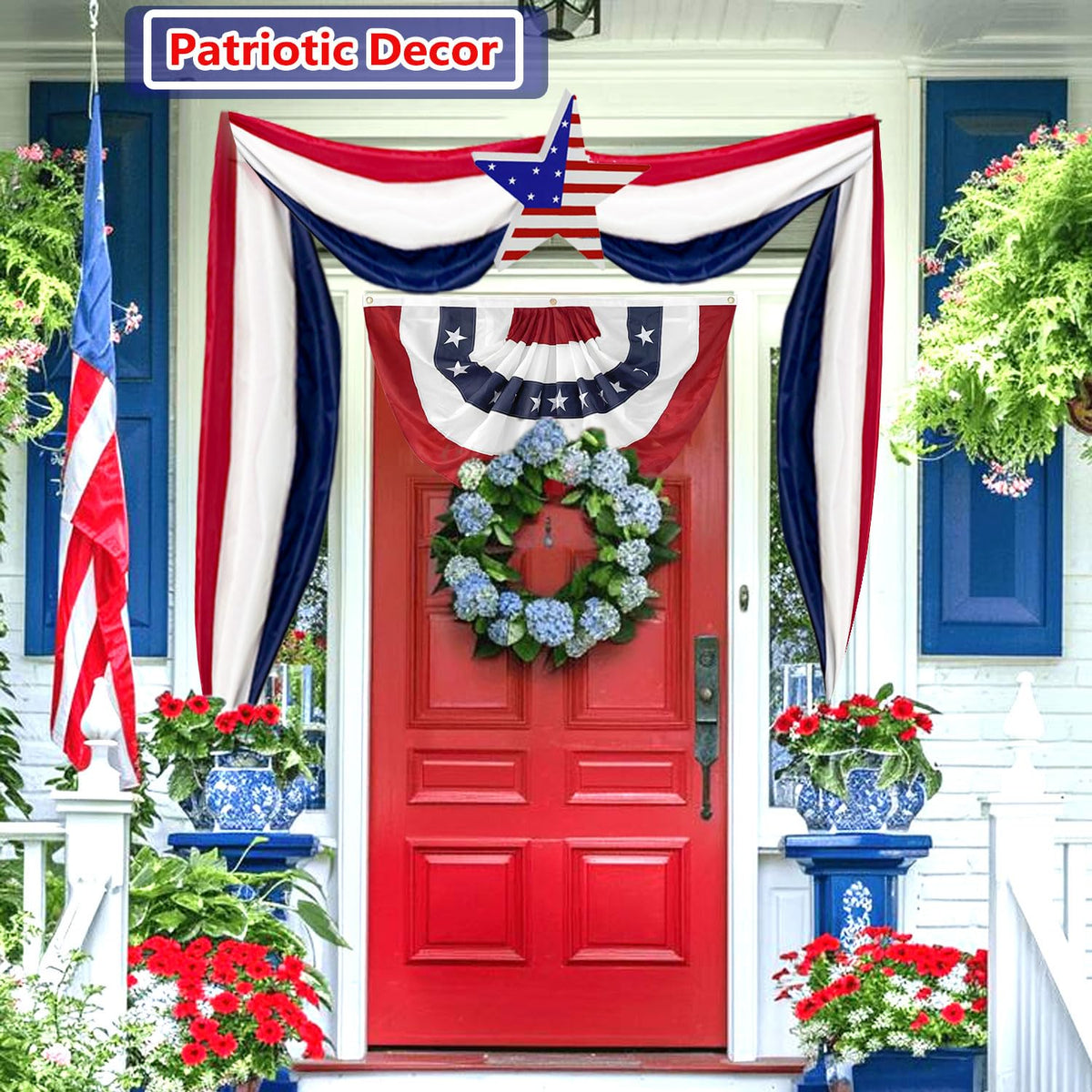 Aokansha blue-red-white bunting decorates garden fences.