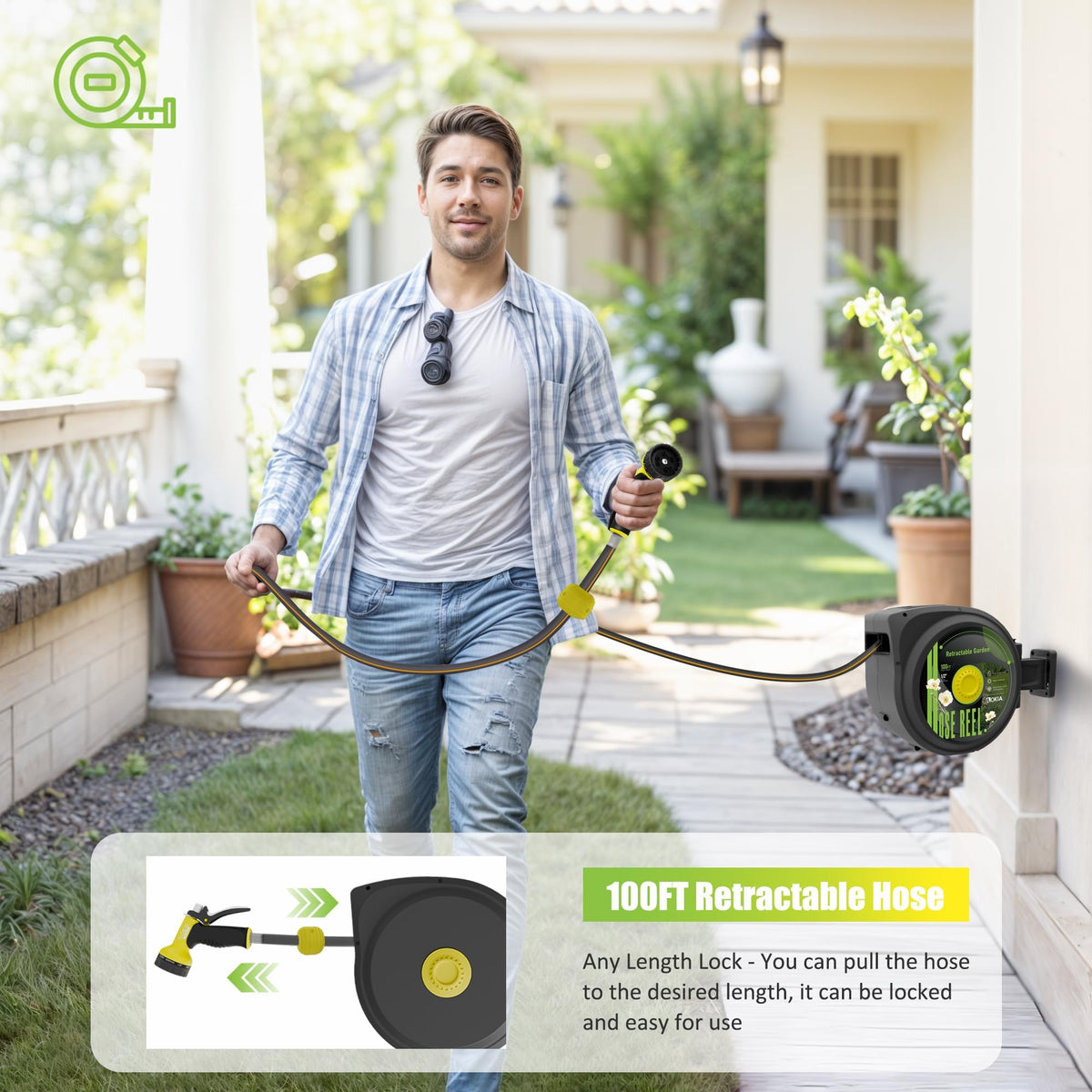Aokia retractable hose reel with 9-pattern nozzle for versatile watering tasks