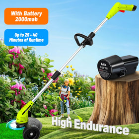 Aokia weed wacker with two blade types: metal for thick weeds, saw for branches
