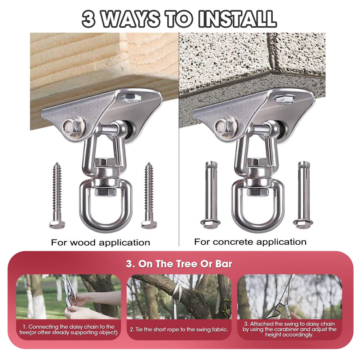 Aokitec swing includes daisy chain, carabiner, and swivel for secure mounting.