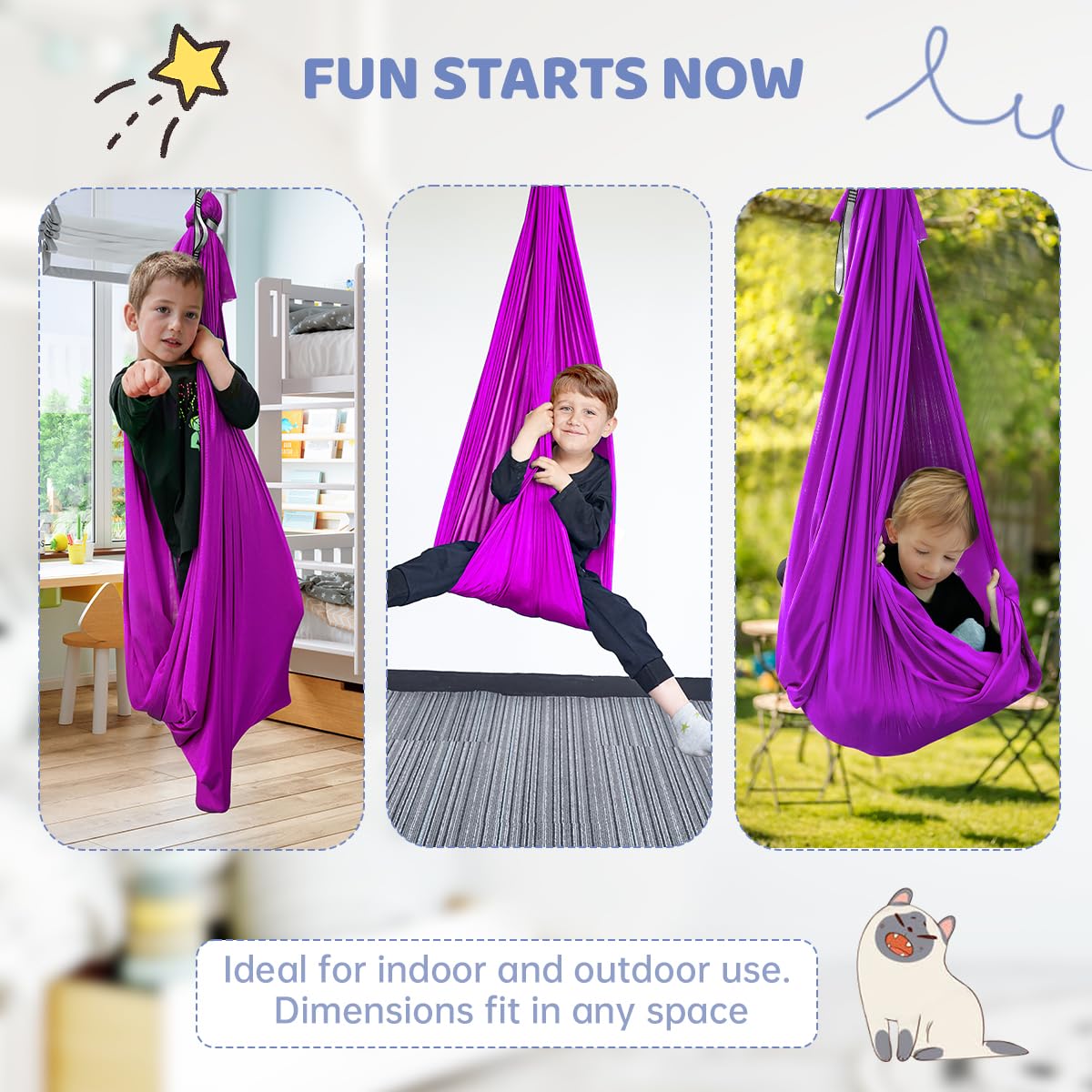 Indoor-outdoor sensory swing suitable for bedrooms, balconies, and backyards.