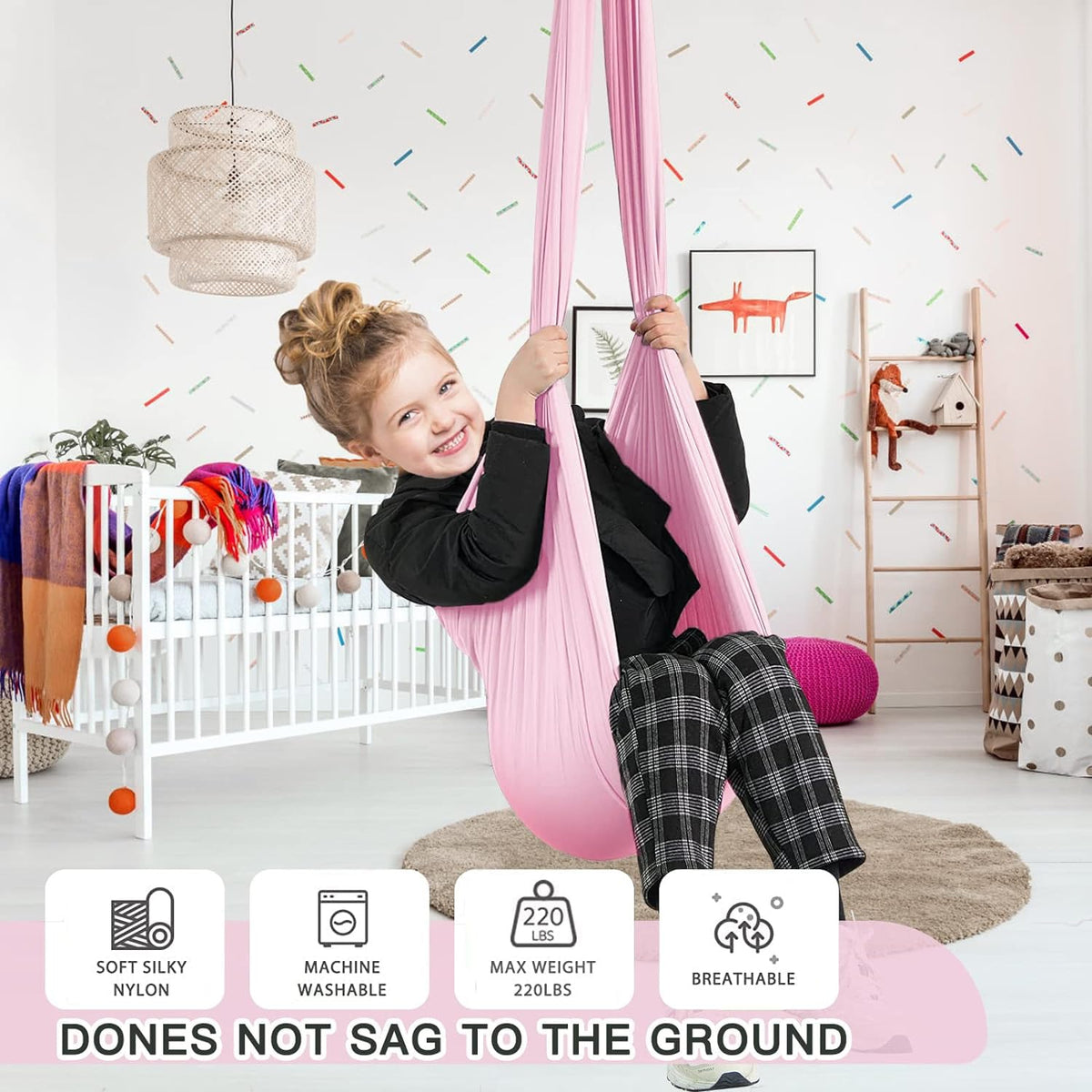 Aokitec kids swing offers calm sensory input during rest, reading, or music.