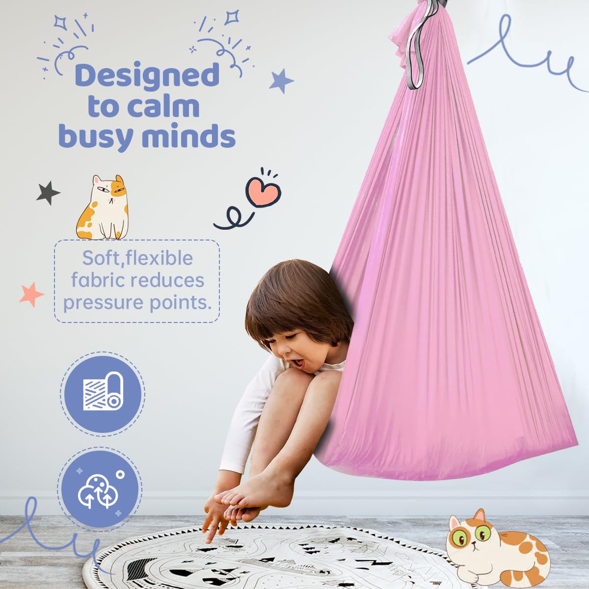 Aokitec sensory swing in soft silky nylon for gentle, calming sway.