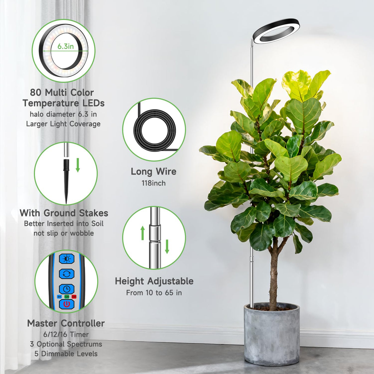 Aokrean grow light with telescopic pole showing height adjustability for multiple plants.