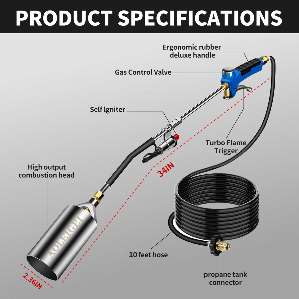 AOLEIGEI 10-foot hose enables safer operation away from the propane tank.