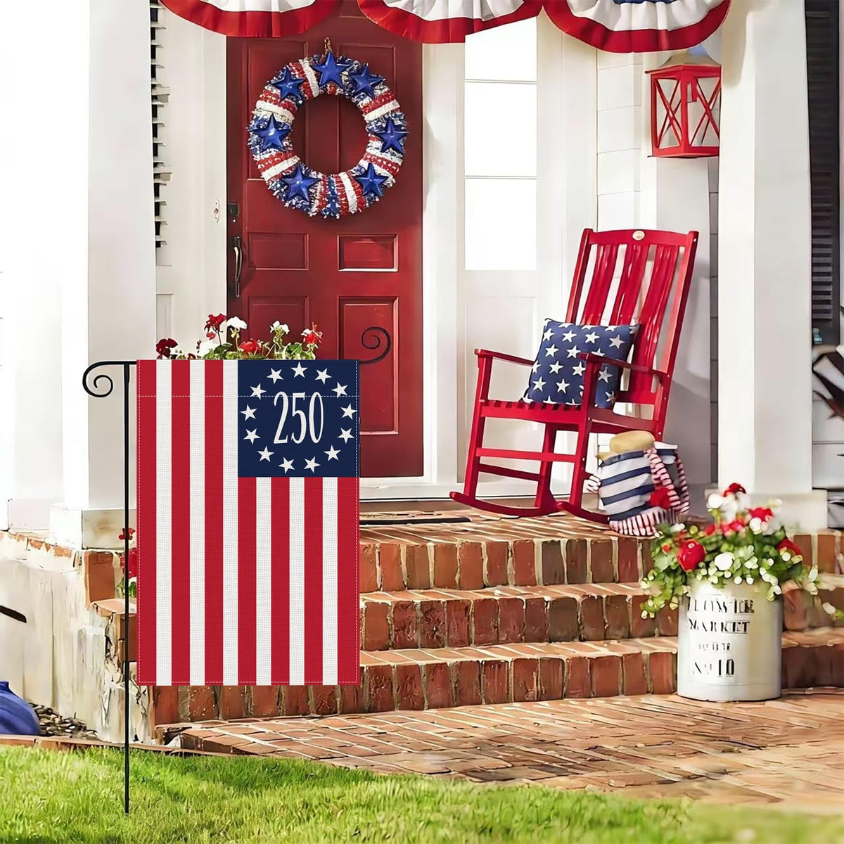 Aolime 250 Years America flag on patio, weather-resistant polyester for seasonal use.