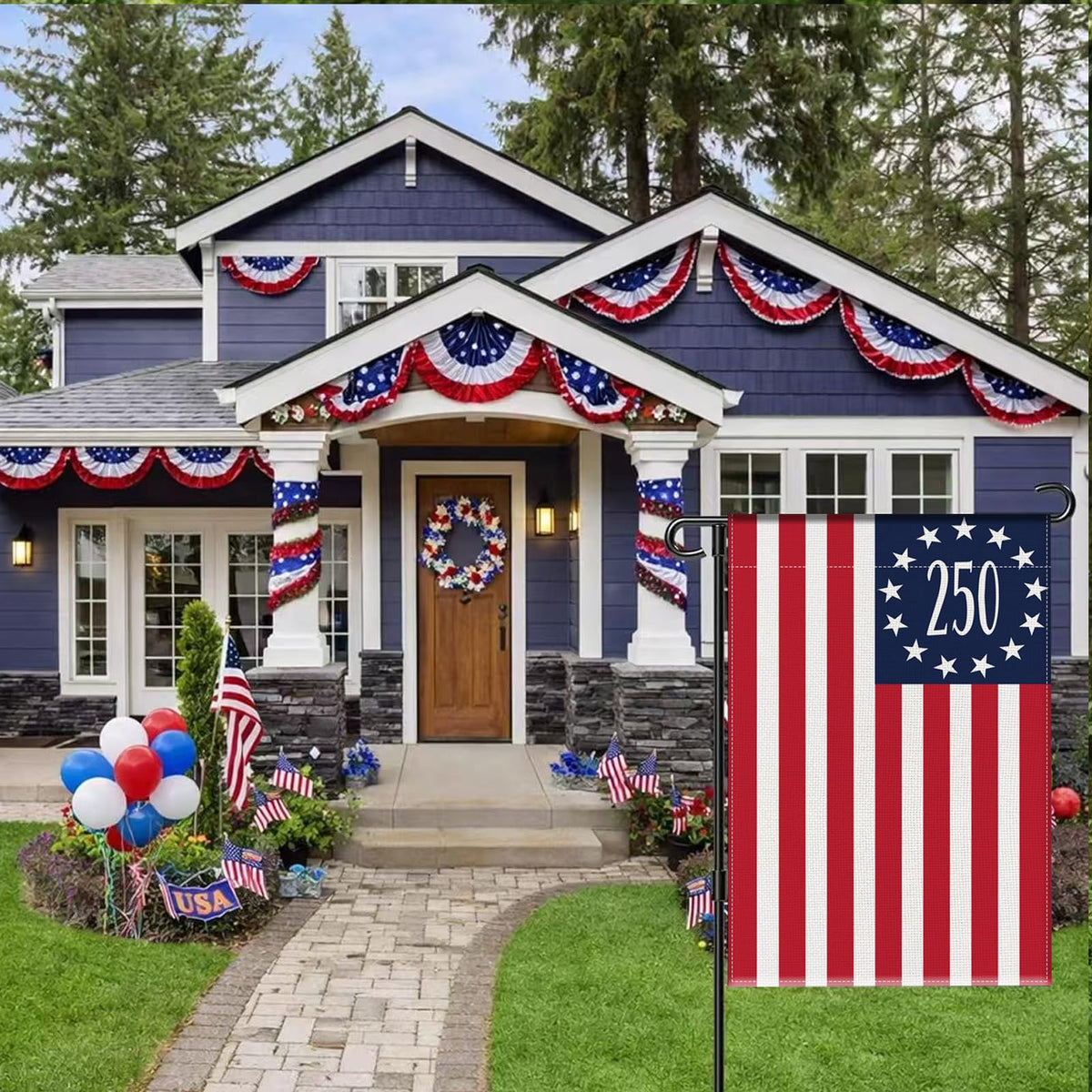 Aolime 250 Years America garden flag in lush yard display.