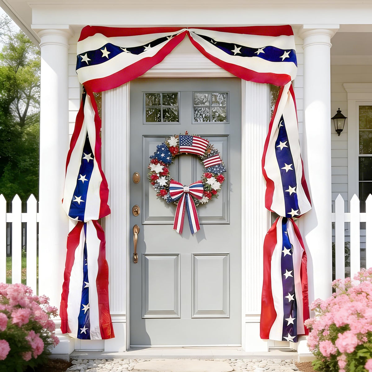 AOLIUP patriotic bunting banner displayed on the front door for festive curb appeal.