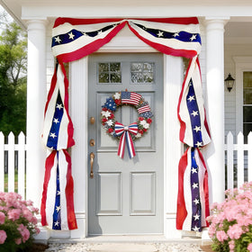 AOLIUP patriotic bunting banner displayed on the front door for festive curb appeal.