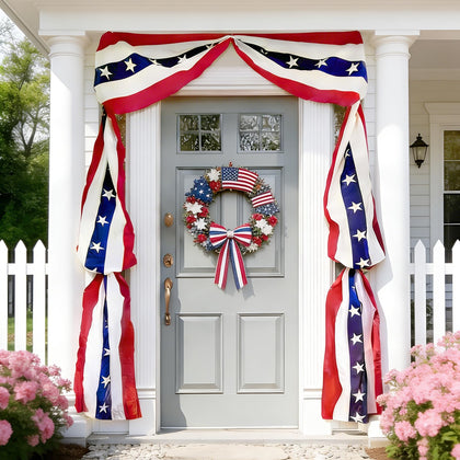 AOLIUP patriotic bunting banner displayed on the front door for festive curb appeal.