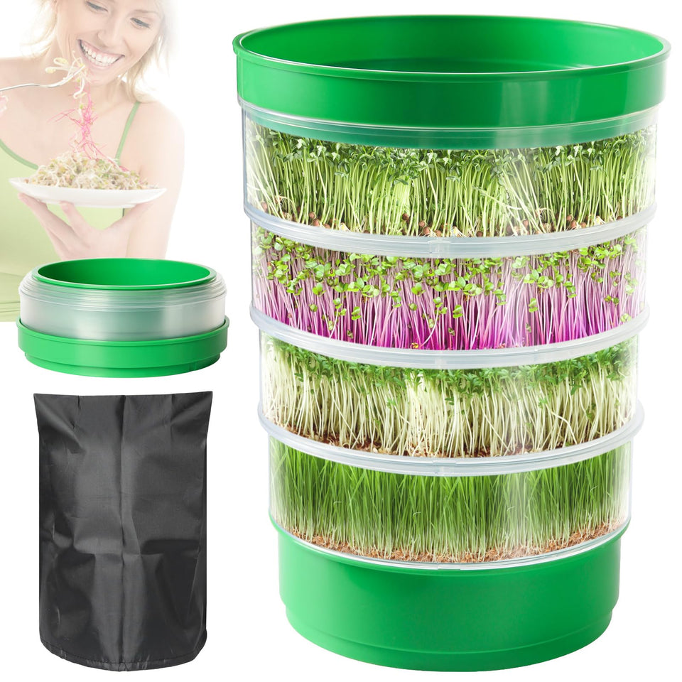 AOMGD 4-tier stackable sprouting tray on the counter enables soil-free greens.